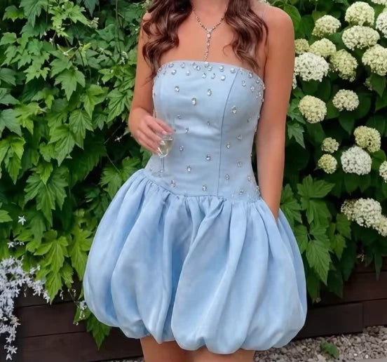 Luolandi Chic A-Line Blue Sleeveless Beaded Puffy Short Party Homecoming Dress