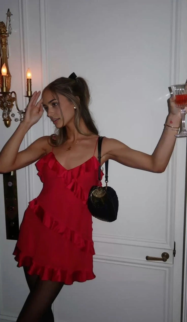 Luolandi Chic A-Line V-Neck Spaghetti Straps Sleeveless Ruffled Short Party Homecoming Dress