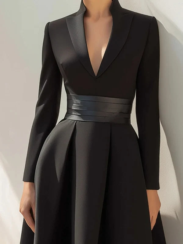 Chic A-Line V Neck Long Sleeve Pleated Formal Women Evening Dress