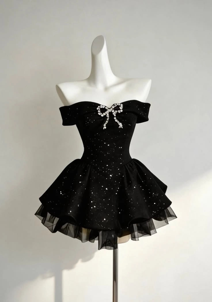 Luolandi Chic Black Off the Shoulder A Line Short Homecoming Dress Cute Graduation Party Dress