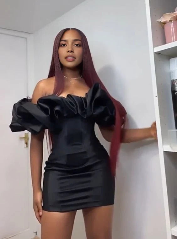 Luolandi Chic Black Sheath Off the Shoulder Ruffled Satin Short Party Homecoming Dress