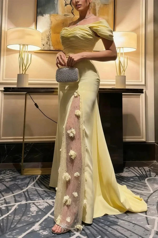 Chic Mermaid Off-Shoulder Short Sleeve Floral Evening Gown Women's Prom Dress