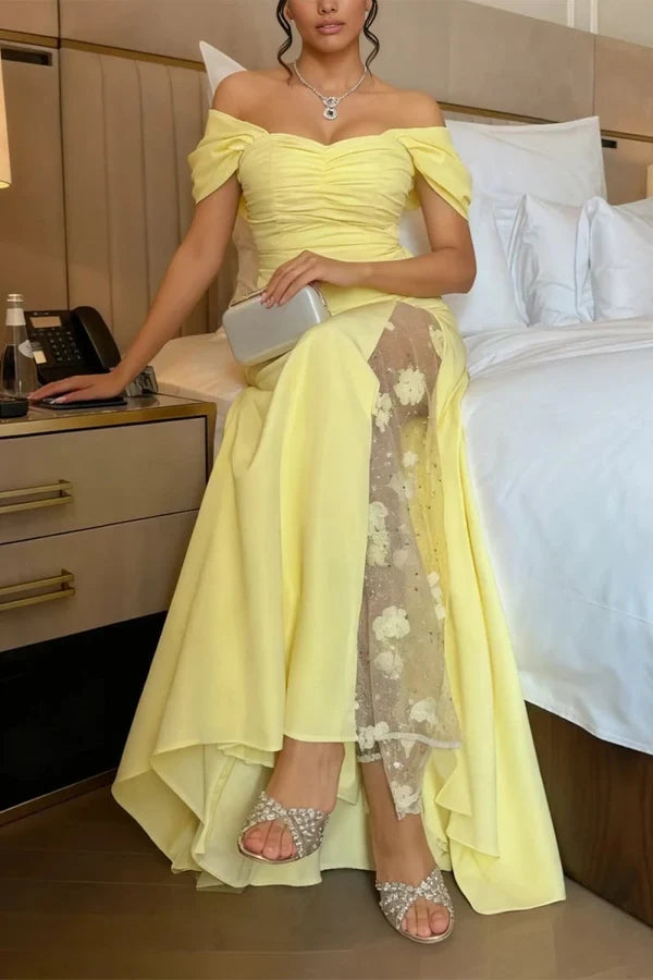 Chic Mermaid Off-Shoulder Short Sleeve Floral Evening Gown Women's Prom Dress