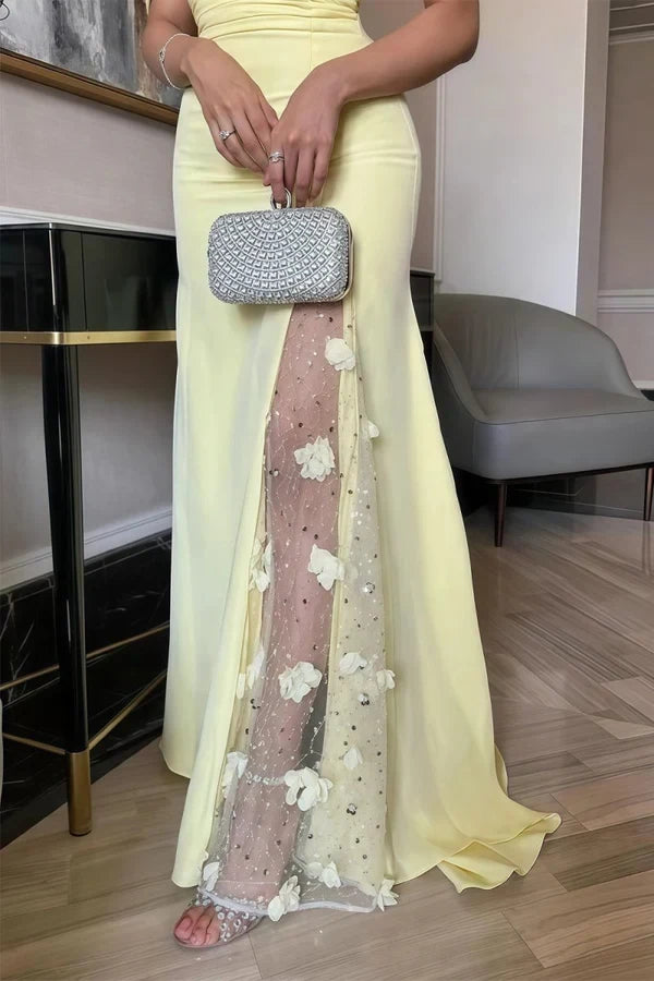 Chic Mermaid Off-Shoulder Short Sleeve Floral Evening Gown Women's Prom Dress