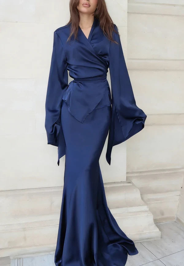 Chic Mermaid V-Neck Long Sleeve Draped Satin Formal Evening Dress