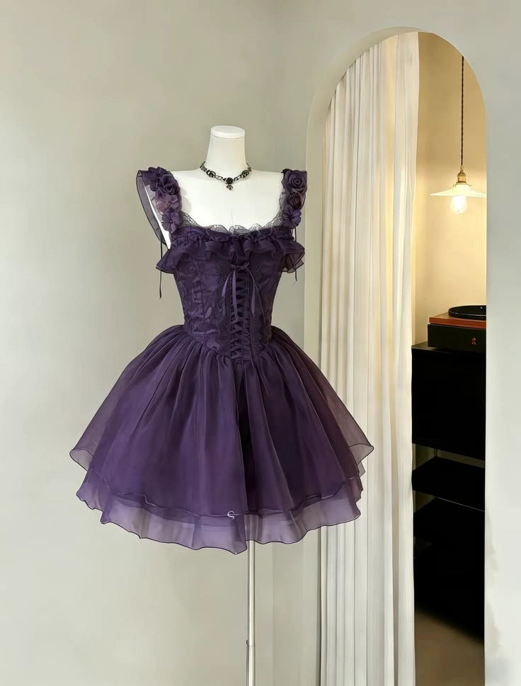 Luolandi Chic Purple A Line Sleeveless Square Neck Short Homecoming Dress Elegant Graduation Party Dress