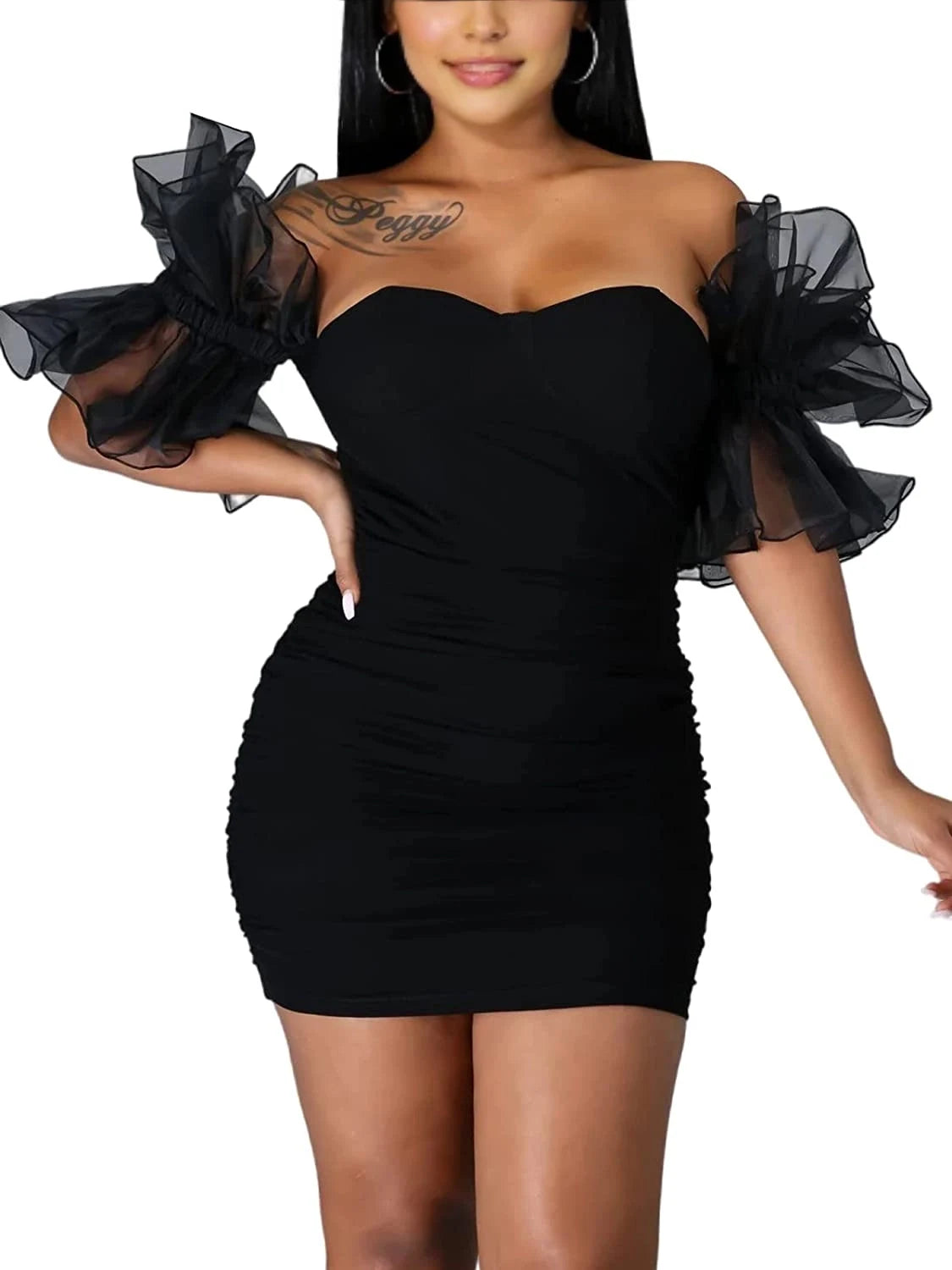 Luolandi Chic Sheath Sweetheart Off-Shoulder Ruffled Ruched Short Homecoming Dress with Sleeve