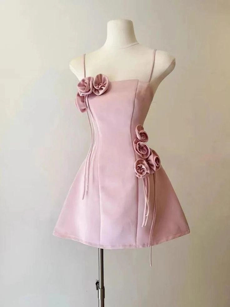 Luolandi Chic Spaghetti Straps Sleeveless Pink / Black Short Party Homecoming Dress With Flowers