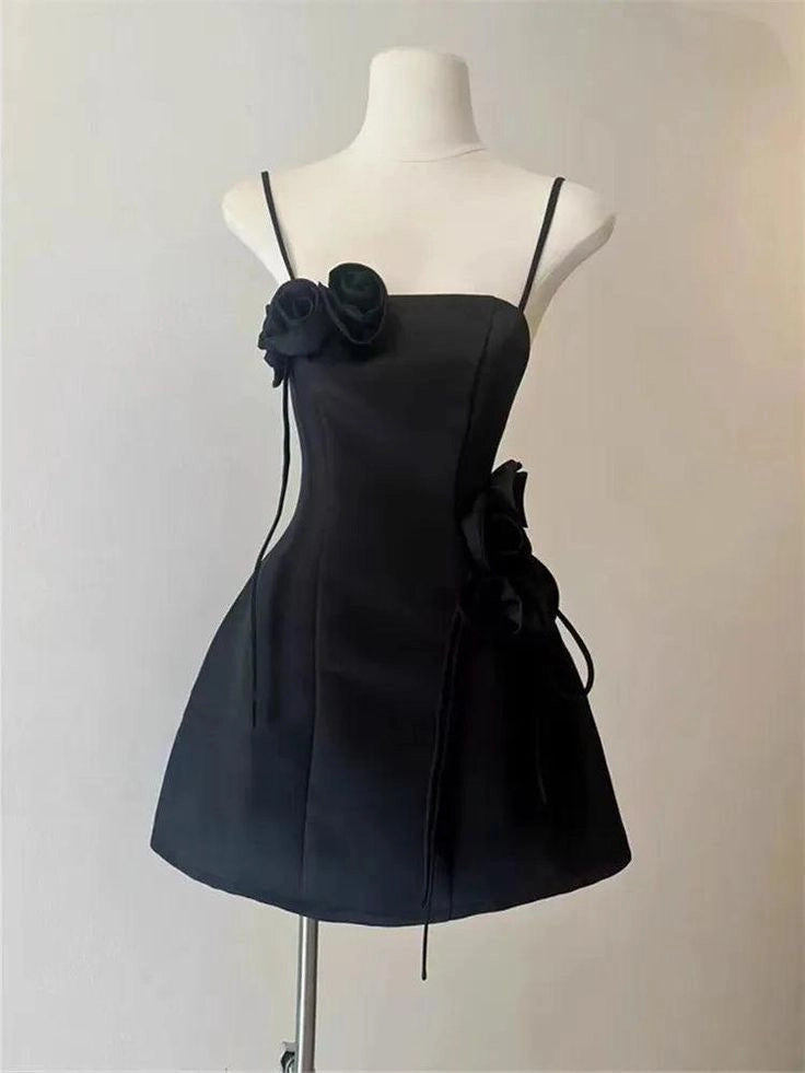Luolandi Chic Spaghetti Straps Sleeveless Pink / Black Short Party Homecoming Dress With Flowers