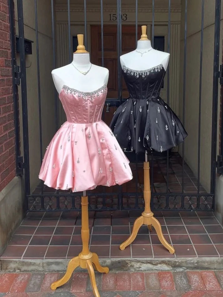 Luolandi Chic Strapless A Line Beaded Pink / Black Short Party Homecoming Dresses