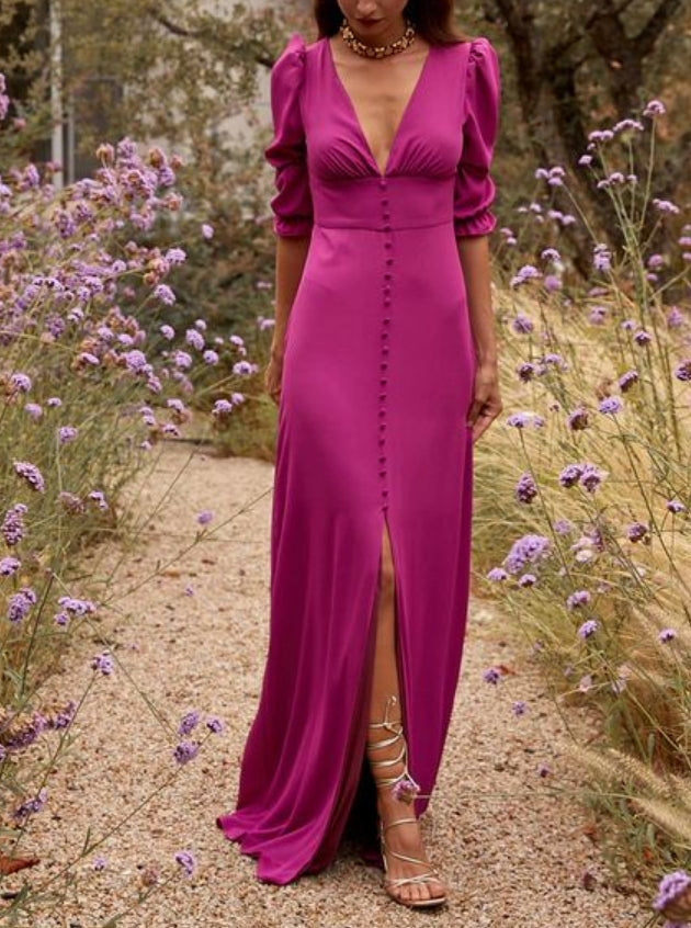 Luolandi Chic V-neck Half Sleeves Long Prom Dress Elegant Evening Party Dress Formal Dress With Slit