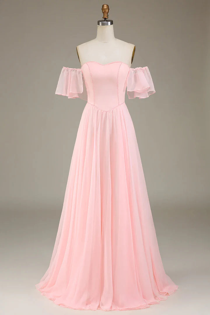 Luolandi Dress Chiffon Pink A-Line Off-Shoulder Sweetheart Bridesmaid Dress Charming Evening Party Dress