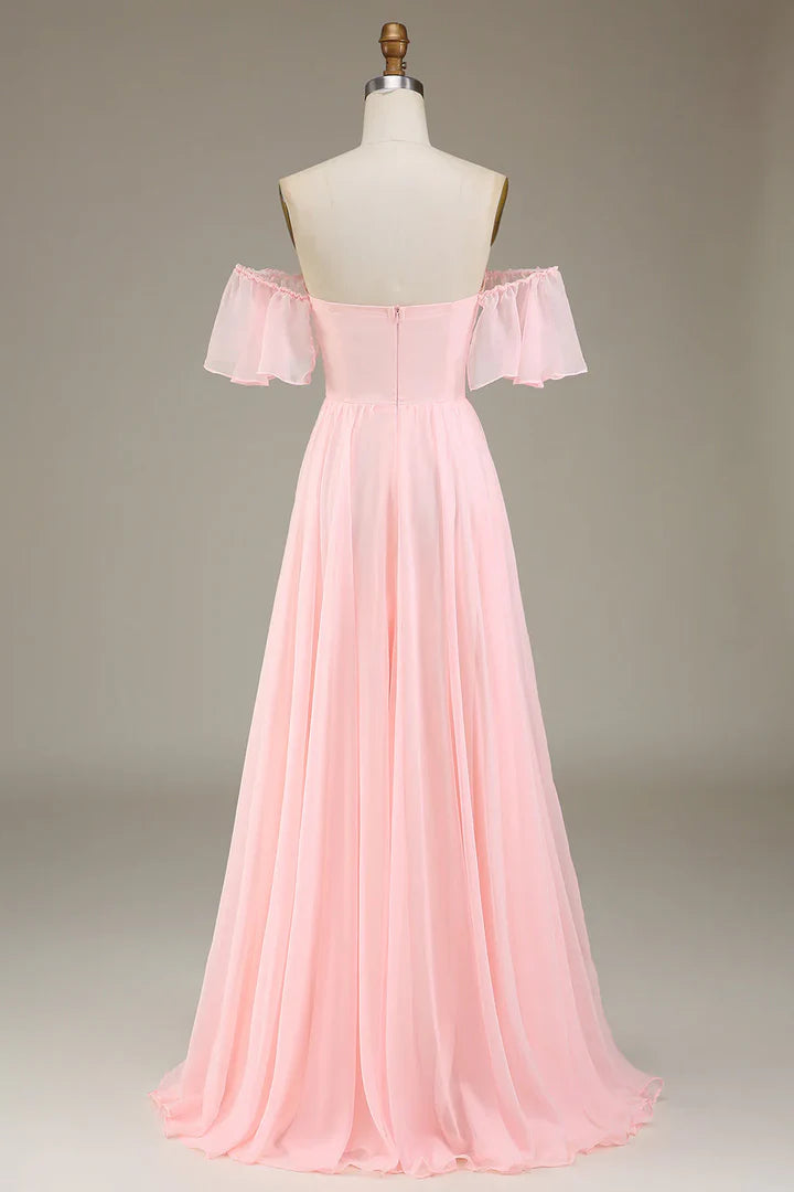 Luolandi Dress Chiffon Pink A-Line Off-Shoulder Sweetheart Bridesmaid Dress Charming Evening Party Dress