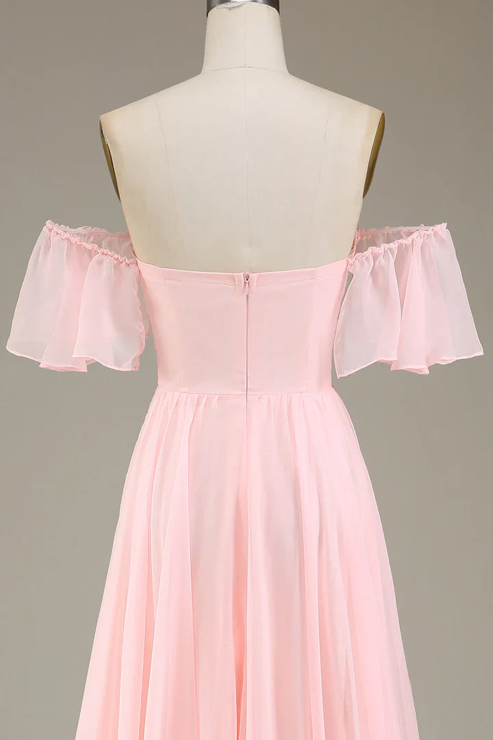 Luolandi Dress Chiffon Pink A-Line Off-Shoulder Sweetheart Bridesmaid Dress Charming Evening Party Dress