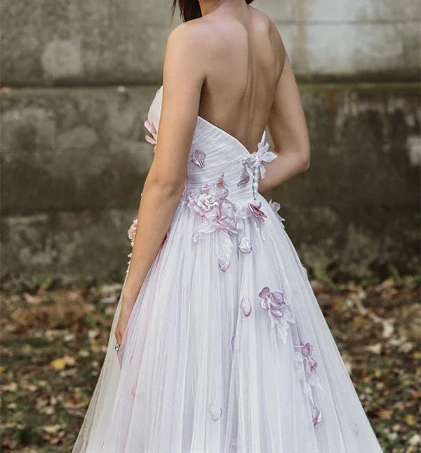 Luolandi Line Tulle Strapless Sweetheart Wedding Dresses With 3D Flowers Off Shoulder Beautiful