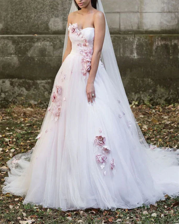 Luolandi Line Tulle Strapless Sweetheart Wedding Dresses With 3D Flowers Off Shoulder Beautiful
