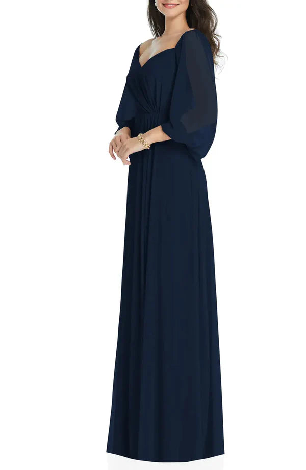 Luolandi Elegant and minimalist long sleeved strapless off shoulder chiffon and floor length off back evening dress With Slit