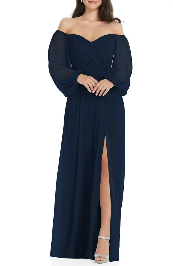 Luolandi Elegant and minimalist long sleeved strapless off shoulder chiffon and floor length off back evening dress With Slit