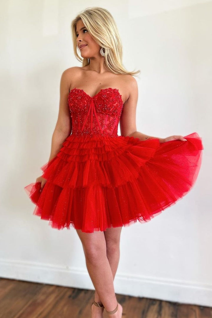 Luolandi Cute A Line Tiered Sweetheart Tulle Short Homecoming Dresses with Ruffles Beautiful Graduation Dress