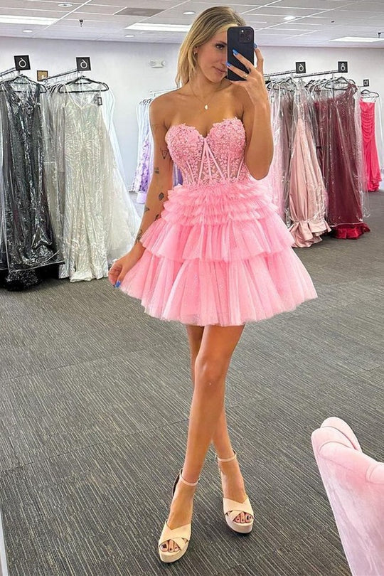 Luolandi Cute A Line Tiered Sweetheart Tulle Short Homecoming Dresses with Ruffles Beautiful Graduation Dress