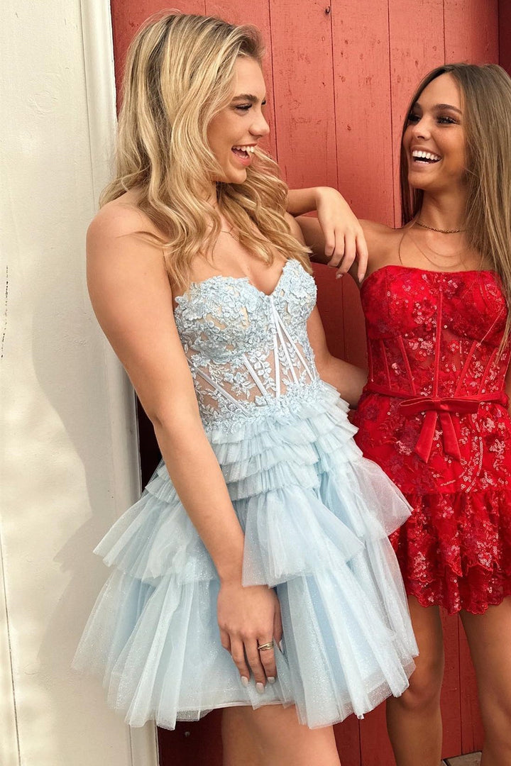 Luolandi Cute A Line Tiered Sweetheart Tulle Short Homecoming Dresses with Ruffles Beautiful Graduation Dress