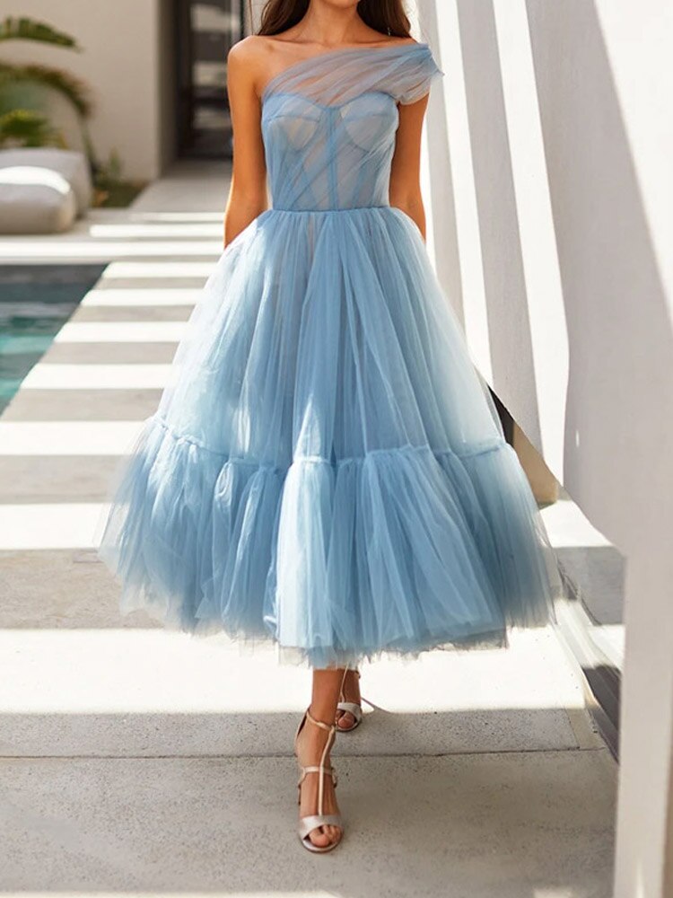 Luolandi Cute A Line Tulle One Shoulder Tulle Cocktail Dress Elegant Homecoming Dresses