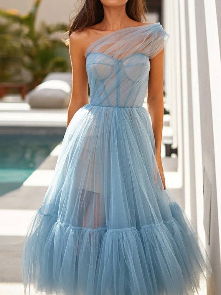 Luolandi Cute A Line Tulle One Shoulder Tulle Cocktail Dress Elegant Homecoming Dresses