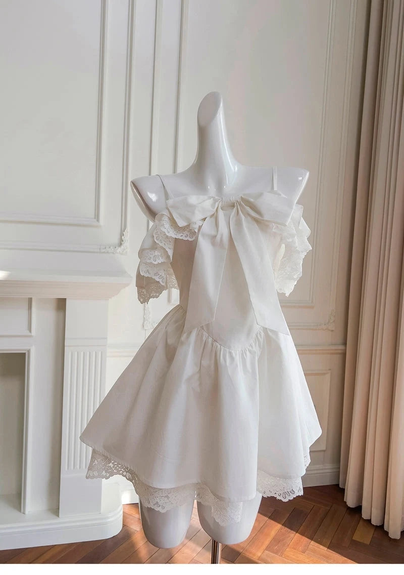 Luolandi Cute A-Line Off-Shoulder Ruffled Bow Lace Short Party Homecoming Dress
