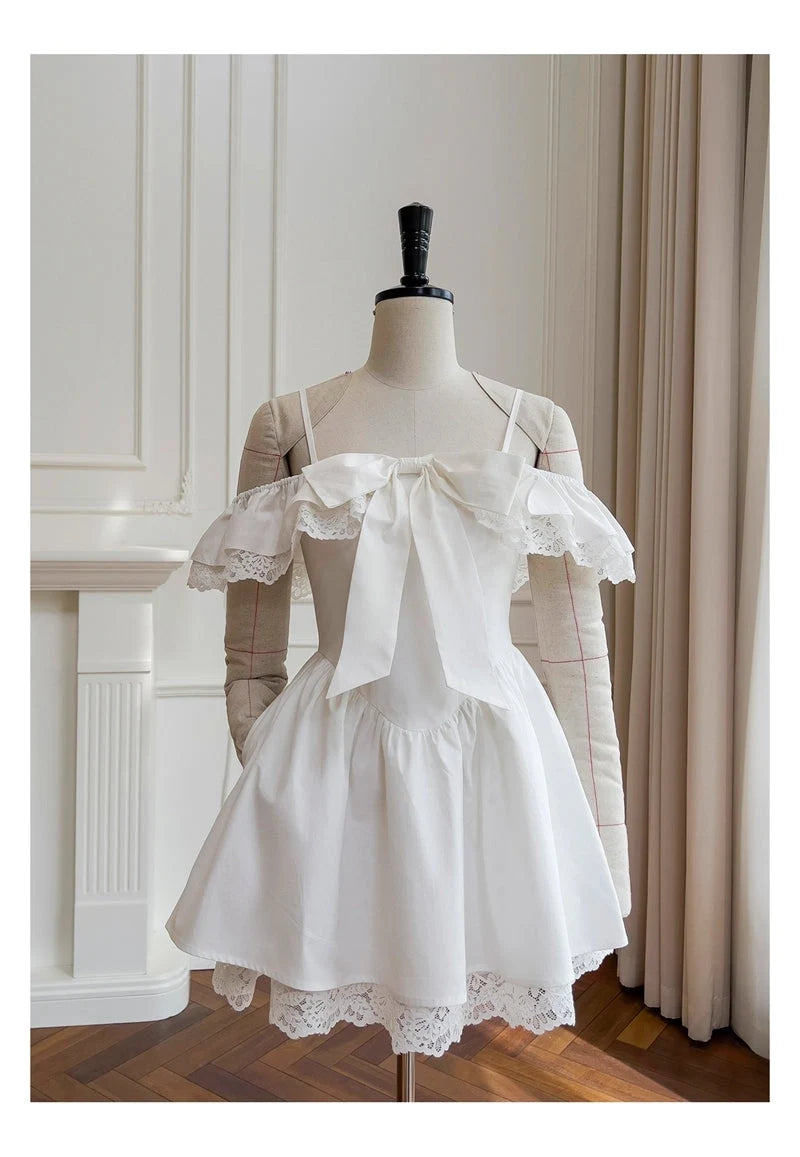 Luolandi Cute A-Line Off-Shoulder Ruffled Bow Lace Short Party Homecoming Dress