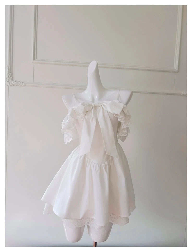 Luolandi Cute A-Line Off-Shoulder Ruffled Bow Lace Short Party Homecoming Dress