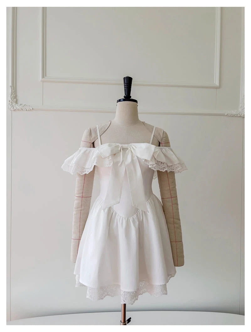 Luolandi Cute A-Line Off-Shoulder Ruffled Bow Lace Short Party Homecoming Dress