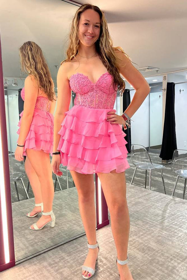 Luolandi Cute A-Line Strapless Tiered Corset Short Homecoming Dress with Appliques Lovely Prom Dress