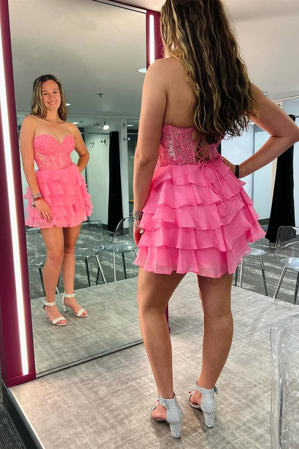 Luolandi Cute A-Line Strapless Tiered Corset Short Homecoming Dress with Appliques Lovely Prom Dress