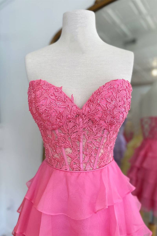 Luolandi Cute A-Line Strapless Tiered Corset Short Homecoming Dress with Appliques Lovely Prom Dress