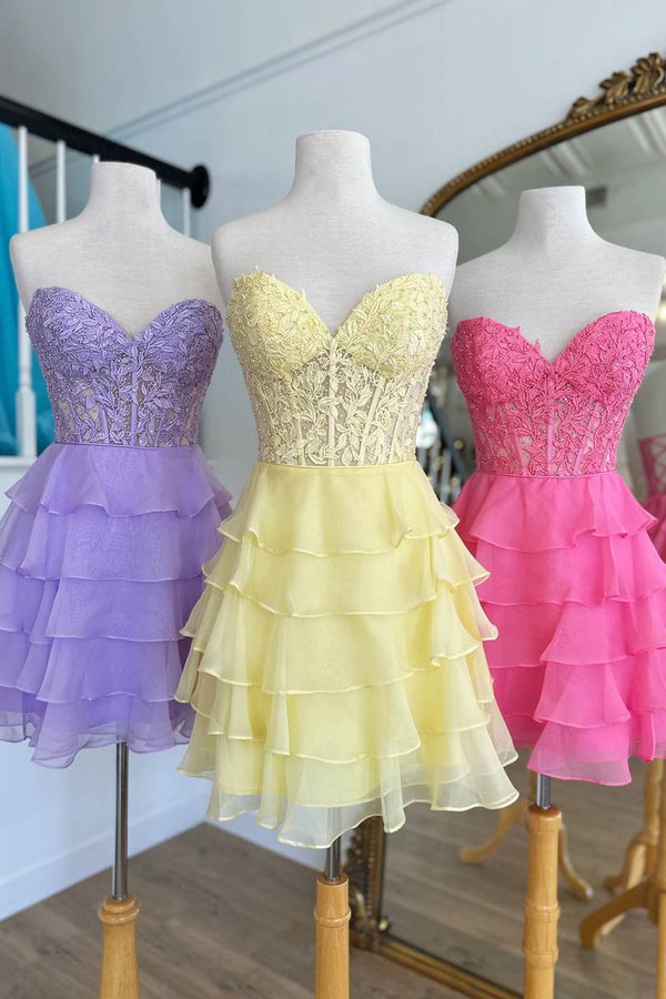 Luolandi Cute A-Line Strapless Tiered Corset Short Homecoming Dress with Appliques Lovely Prom Dress