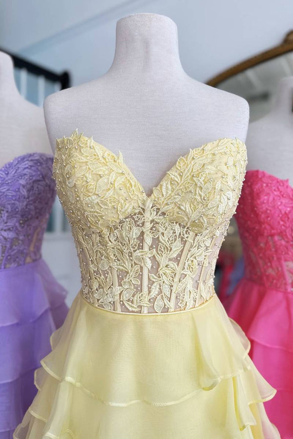 Luolandi Cute A-Line Strapless Tiered Corset Short Homecoming Dress with Appliques Lovely Prom Dress