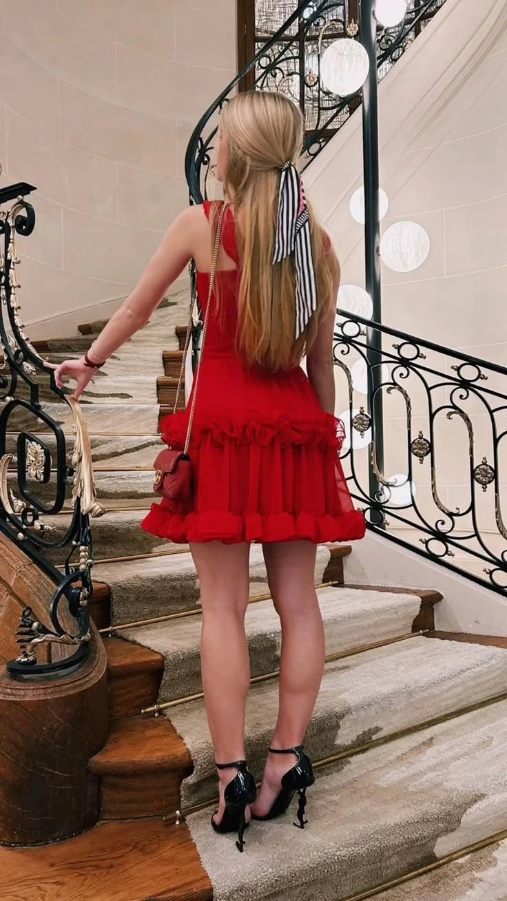 Luolandi Cute A-Line Straps Sleeveless Ruffled Short Homecoming Dress Summer Graduation Party Dress