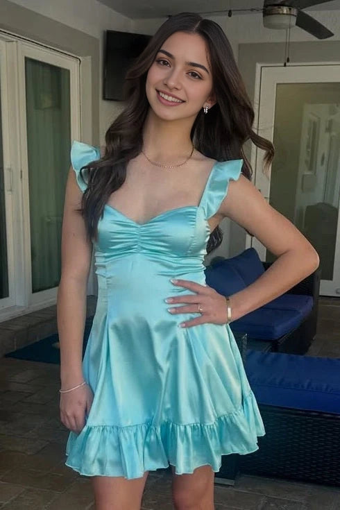 Luolandi Cute A-Line Sweetheart Ruched Ruffled Sleeveless Satin Short Length Homecoming Dress