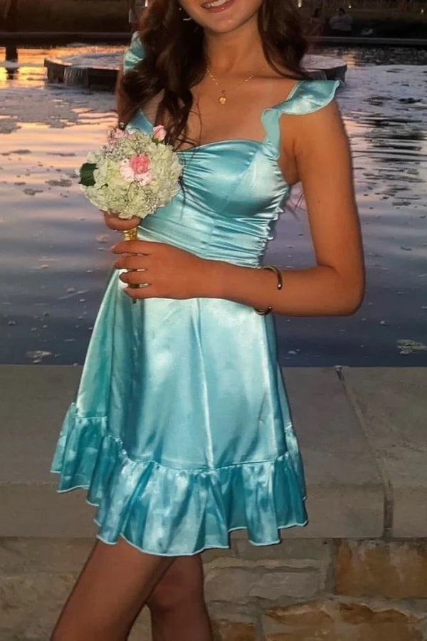 Luolandi Cute A-Line Sweetheart Ruched Ruffled Sleeveless Satin Short Length Homecoming Dress