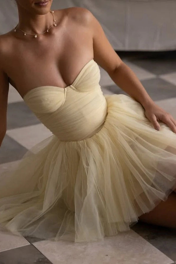Luolandi Cute A-Line Sweetheart Sleeveless Tulle Pleated Short Length Homecoming Dress For Women
