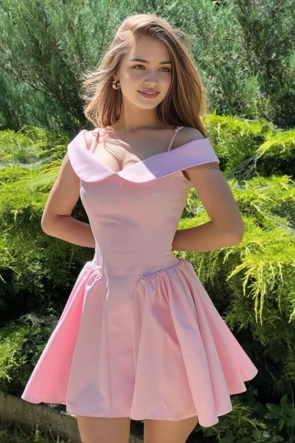 Luolandi Cute A Line Off-the-Shoulder V-neck Pink Short Homecoming Dresses Lovely Summer Party Dress