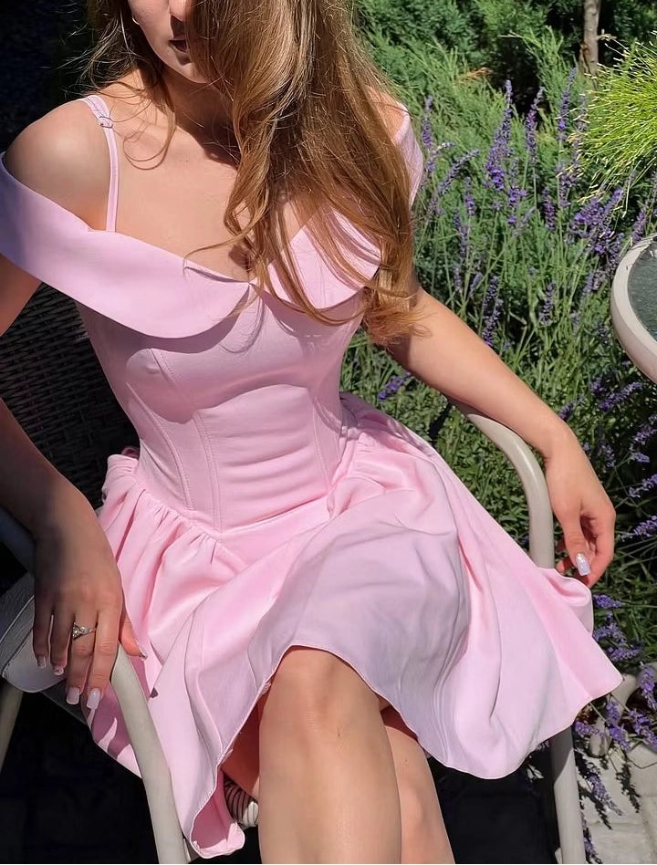 Luolandi Cute A Line Off-the-Shoulder V-neck Pink Short Homecoming Dresses Lovely Summer Party Dress