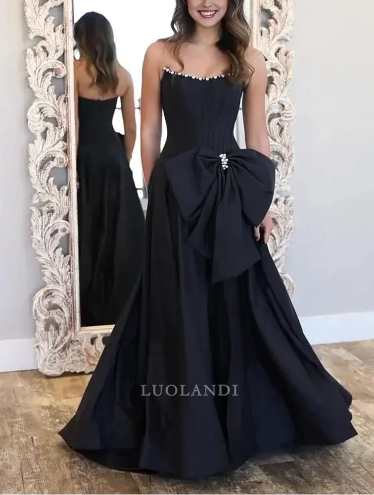 Luolandi Cute A Line Scoop Neck Strapless Black Long Formal Prom Dresses with Bow Lovely Party Evening Gowns Elegant Graduation Dress