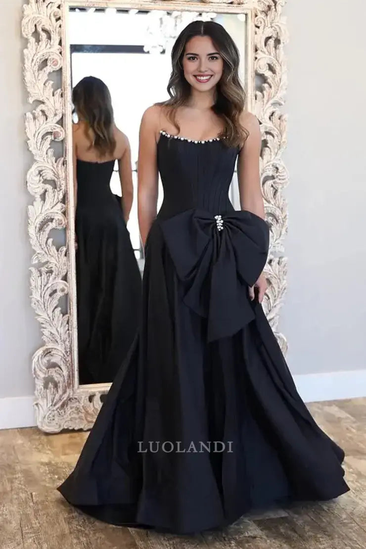 Luolandi Cute A Line Scoop Neck Strapless Black Long Formal Prom Dresses with Bow Lovely Party Evening Gowns Elegant Graduation Dress