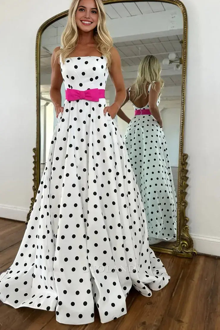 Luolandi Cute A Line Sleeveless Black Dot Long Prom Dresses With Bow Lovely Graduation Dress Pretty Party Evening Gowns