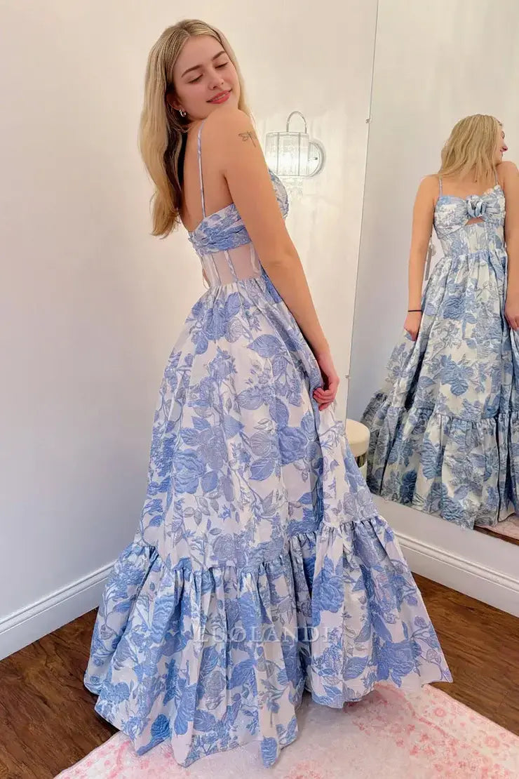 Luolandi Cute A Line Spaghetti Straps Sleeveless Blue Long Formal Prom Dresses Lovely Party Evening Gowns Charming Graduation Dress