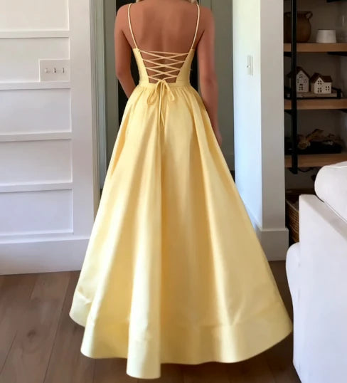 Luolandi Cute A Line Spaghetti Straps Yellow Satin Long Prom Dresses Classic Formal Party Dress Lovely Graduation Dress