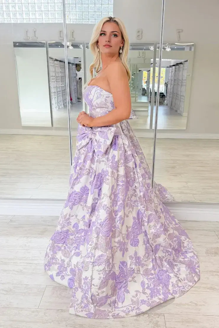 Luolandi Cute A Line Strapless Long Formal Prom Dresses with Bow Lovely Party Evening Gowns Charming Graduation Dress