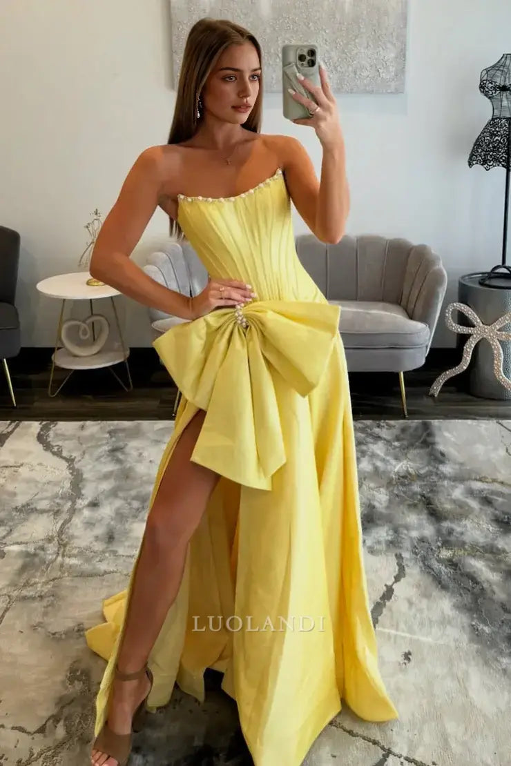 Luolandi Cute A Line Strapless Satin Long Prom Dresses with Slit and Bow Lovely Graduation Dress Pretty Party Evening Gowns