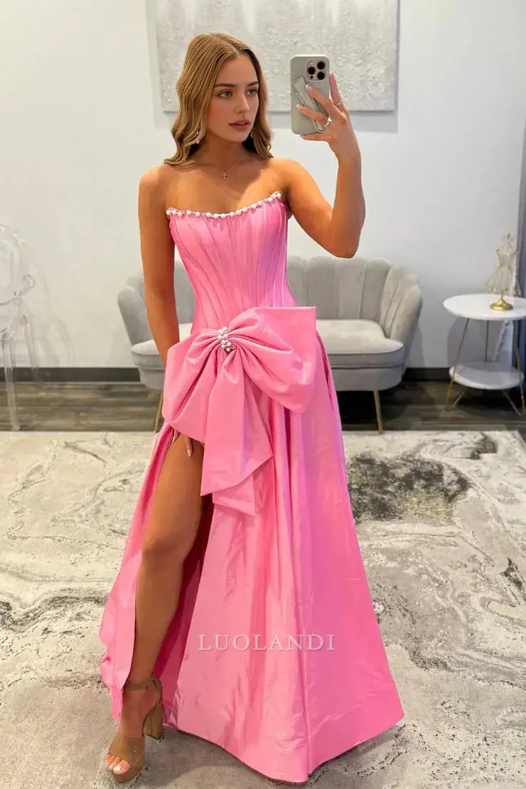 Luolandi Cute A Line Strapless Satin Long Prom Dresses with Slit and Bow Lovely Graduation Dress Pretty Party Evening Gowns